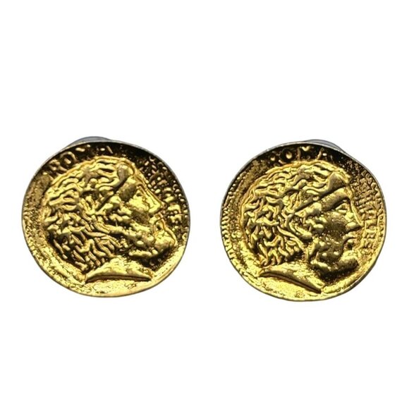Roman Hercules Coin Post Earrings Gold Tone Antiqued Look Pierced Ears - Picture 1 of 12